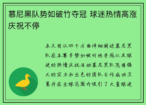 慕尼黑队势如破竹夺冠 球迷热情高涨庆祝不停