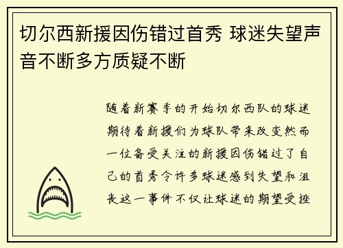 切尔西新援因伤错过首秀 球迷失望声音不断多方质疑不断