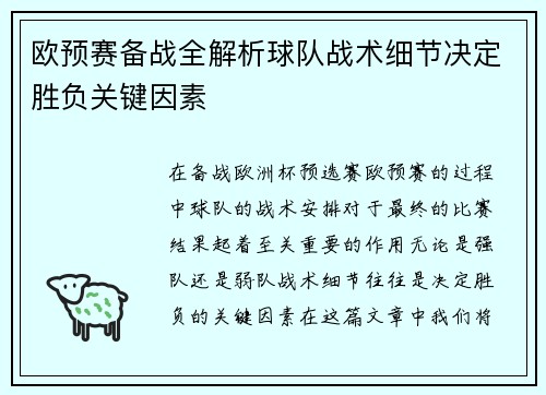 欧预赛备战全解析球队战术细节决定胜负关键因素