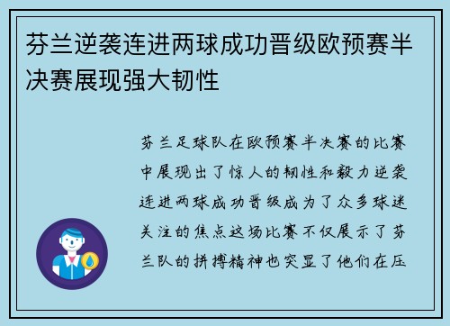 芬兰逆袭连进两球成功晋级欧预赛半决赛展现强大韧性