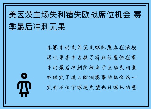 美因茨主场失利错失欧战席位机会 赛季最后冲刺无果