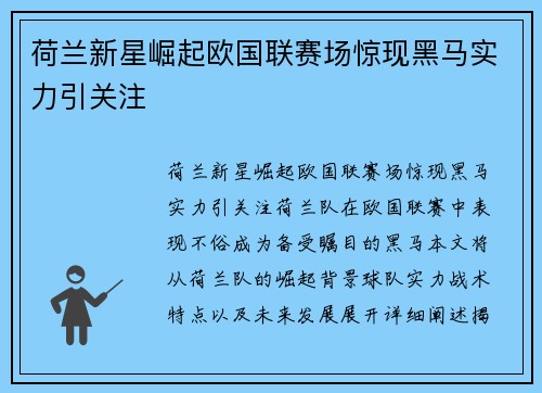 荷兰新星崛起欧国联赛场惊现黑马实力引关注