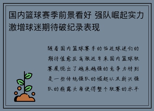 国内篮球赛季前景看好 强队崛起实力激增球迷期待破纪录表现