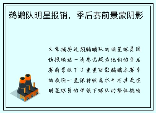 鹈鹕队明星报销，季后赛前景蒙阴影