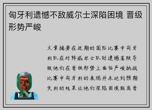 匈牙利遗憾不敌威尔士深陷困境 晋级形势严峻