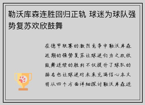 勒沃库森连胜回归正轨 球迷为球队强势复苏欢欣鼓舞